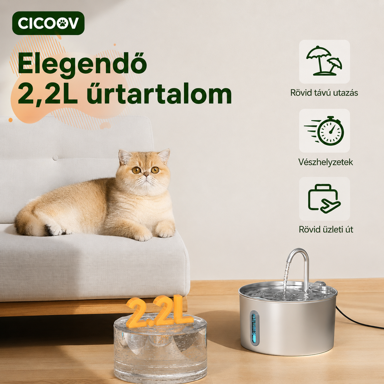 Cicoov 2,2L Rozsdamentes Acél Macska Itató-2