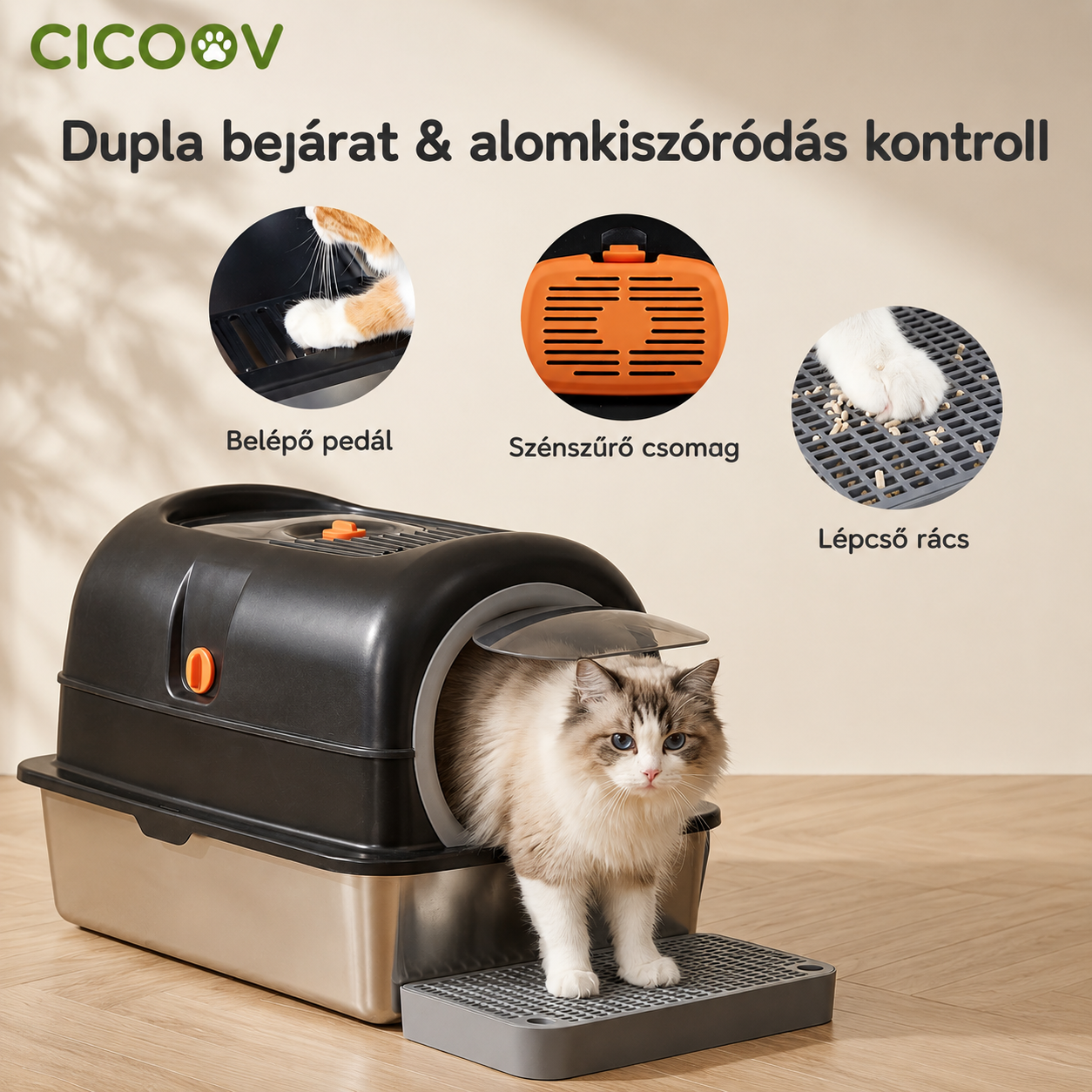 Cicoov 30L Extra Nagy Rozsdamentes Macska WC 3 az 1-ben Kialakítással -4