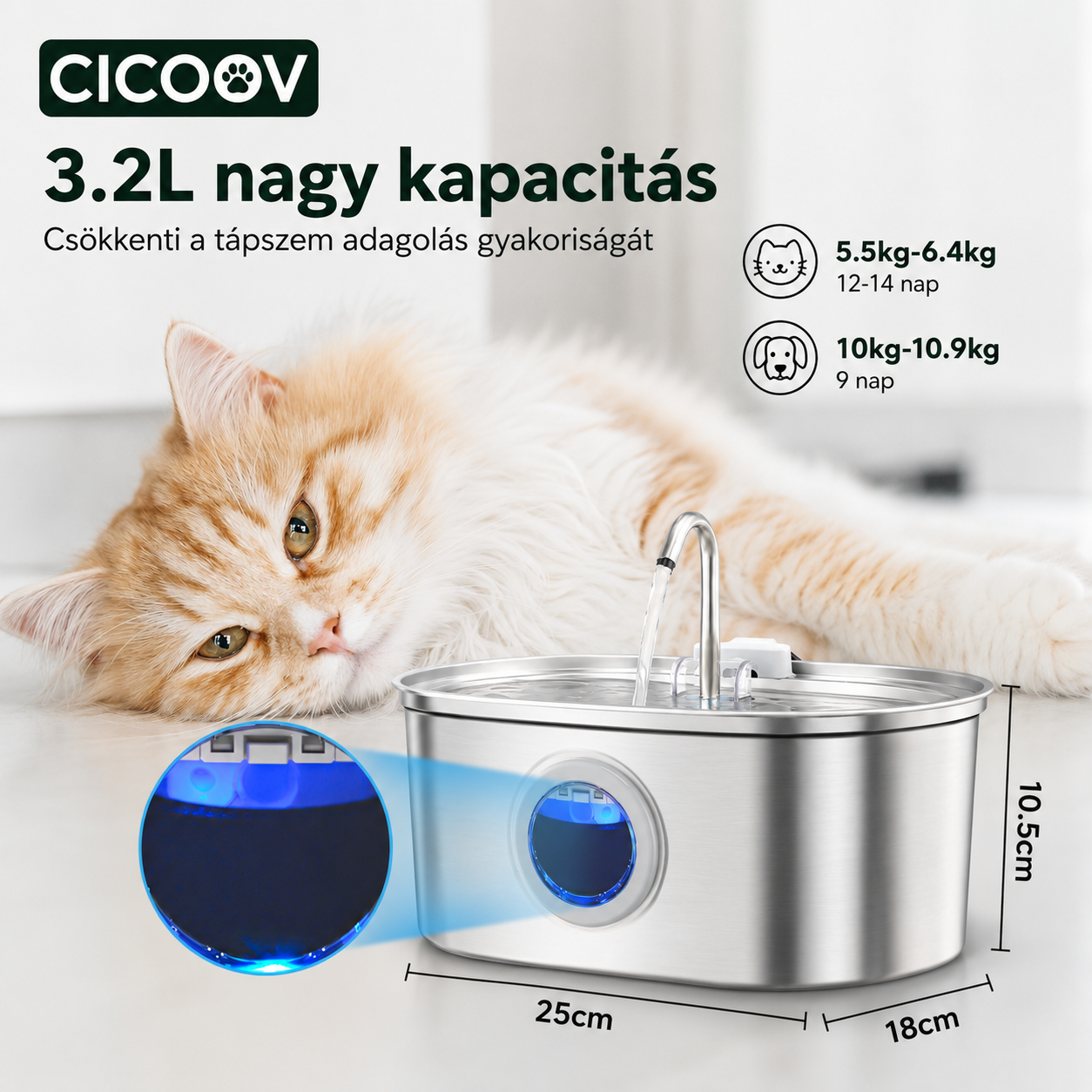 Cicoov 3,2L Rozsdamentes Acél Itató Vízszint Ablakkal-3