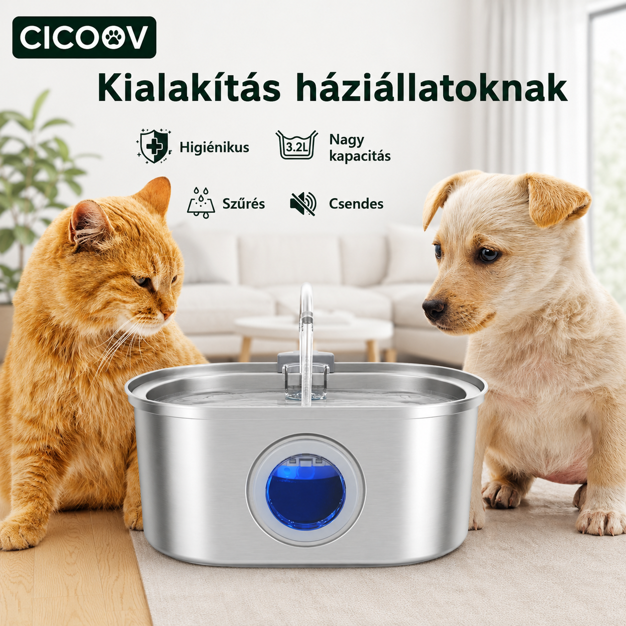 Cicoov 3,2L Rozsdamentes Acél Itató Vízszint Ablakkal-4