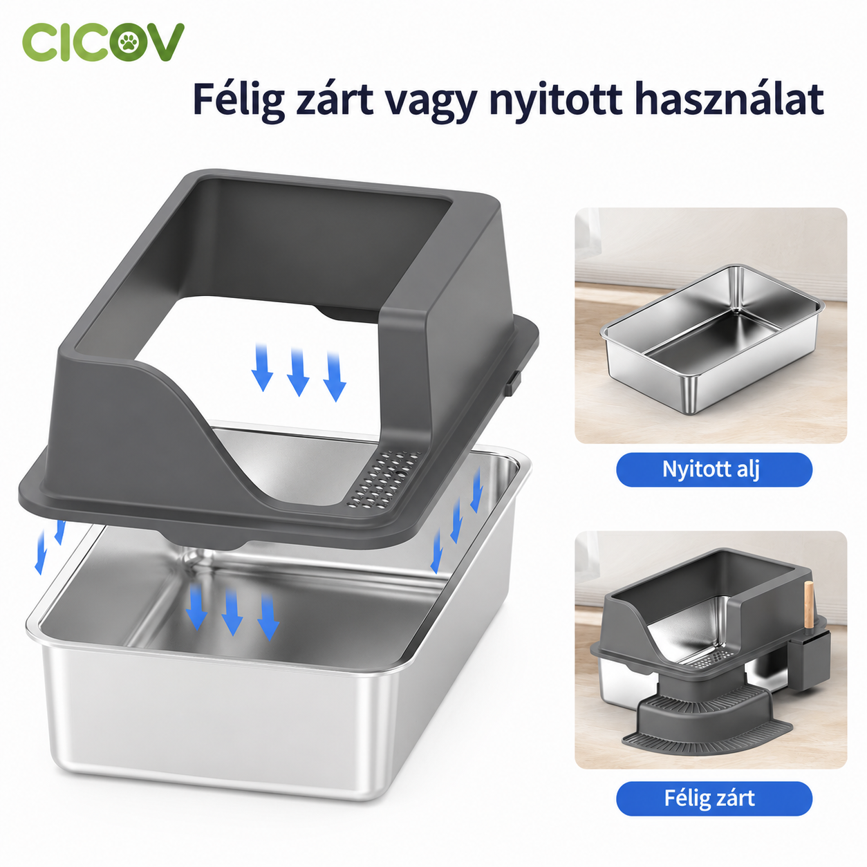 Cicoov XL-es Rozsdamentes Acél Macska WC Magasított Peremmel-2