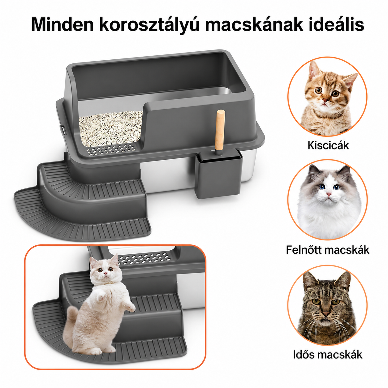 Cicoov XL-es Rozsdamentes Acél Macska WC Magasított Peremmel-3