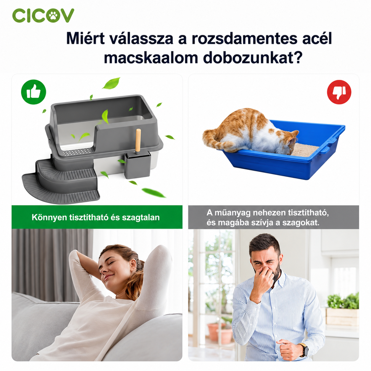 Cicoov XL-es Rozsdamentes Acél Macska WC Magasított Peremmel-6