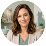 Anna Kovács kisállat-gondozási szakértő portréja, macskás háttérrel.