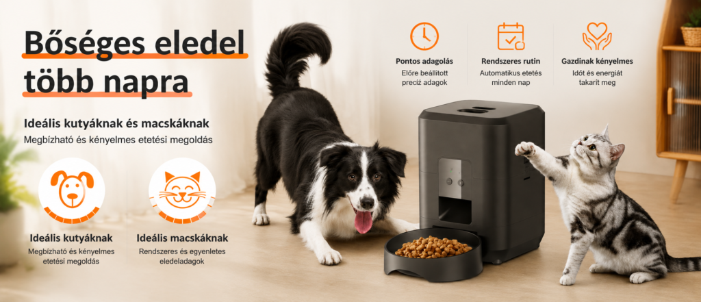 Automata macska etető kutyák és macskák számára, amely pontos adagolást, rendszeres etetési rutint és kényelmes megoldást biztosít a gazdiknak.