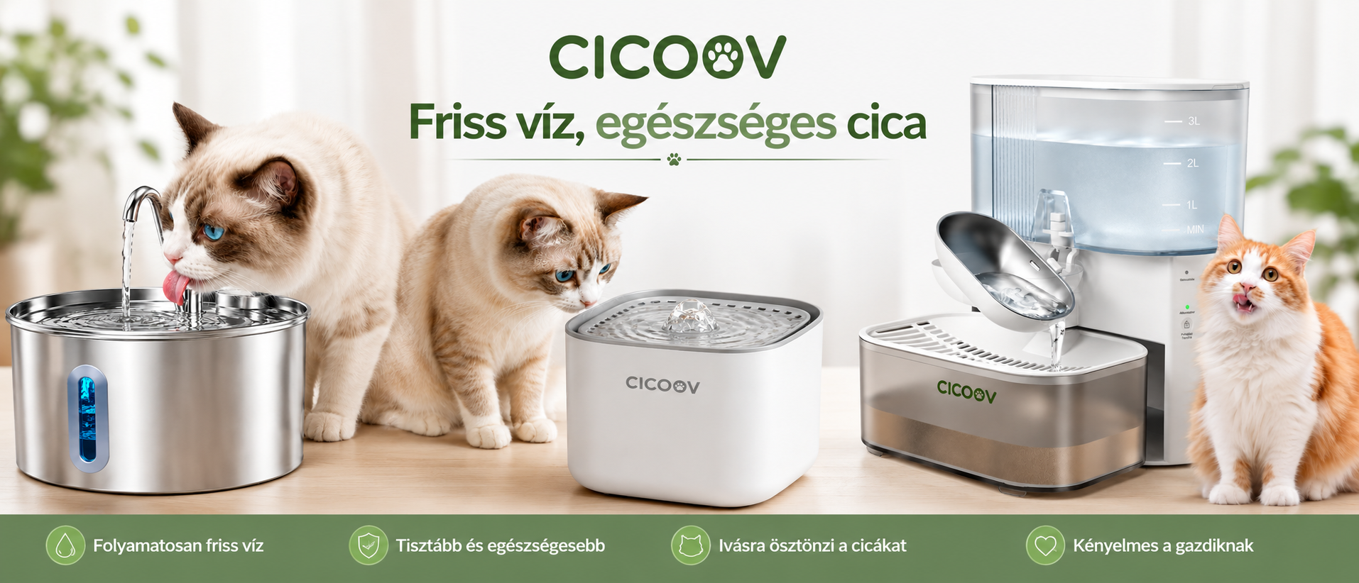 CICOOV macska itatókút friss és tiszta vízzel, amely segíti a macskák megfelelő hidratációját és egészséges folyadékbevitelét.