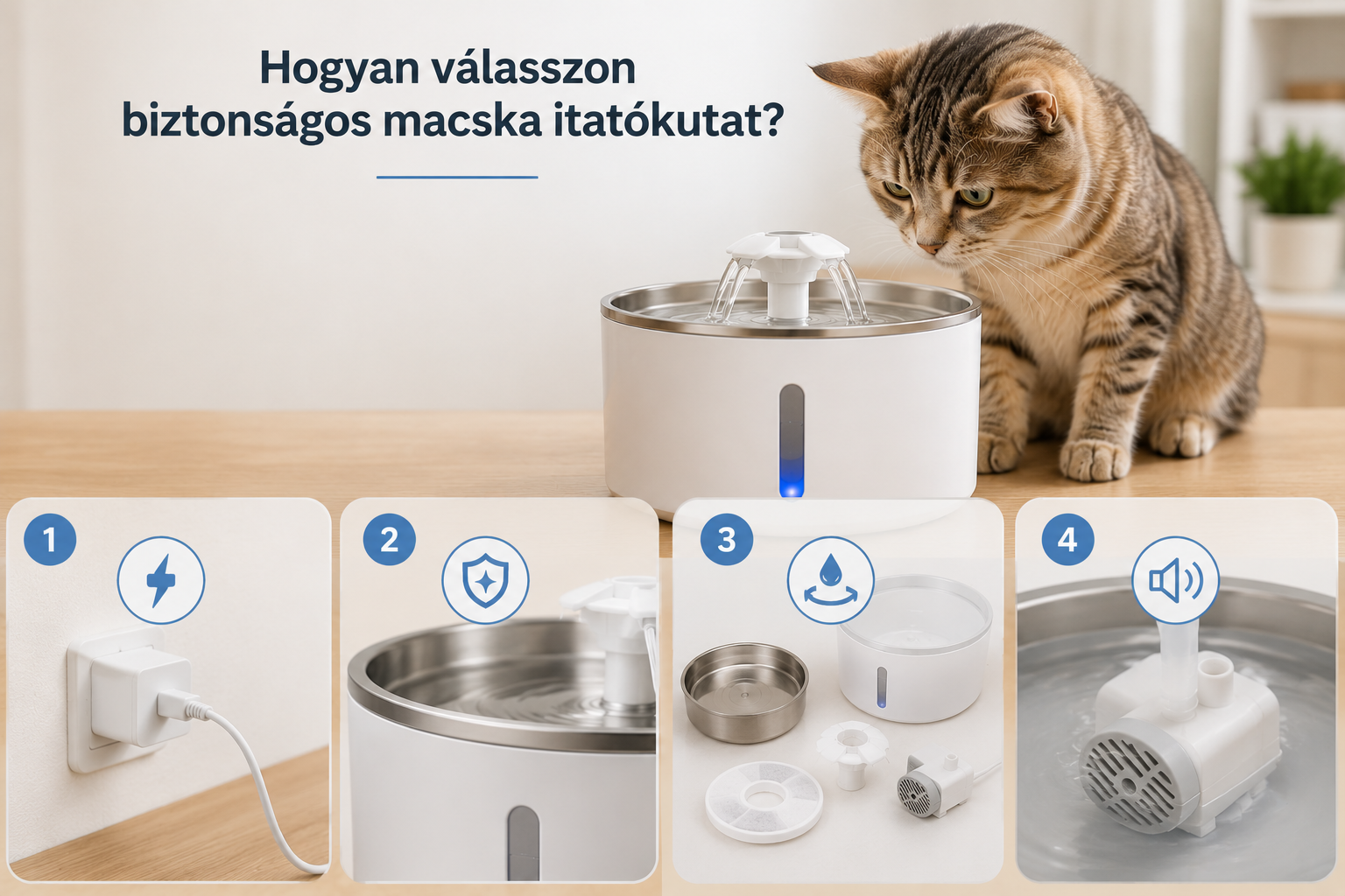 Biztonságos macska itatókút kiválasztása – elektromos biztonság, rozsdamentes acél, egyszerű tisztítás és csendes szivattyú