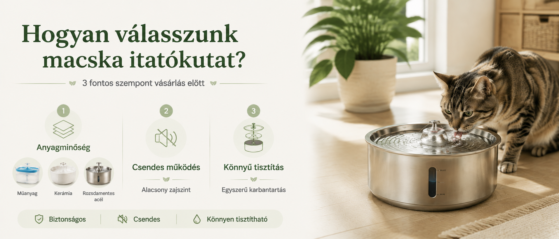 Hogyan válasszunk macska itatókutat? Útmutató az anyagminőséghez, csendes működéshez és könnyű tisztításhoz
