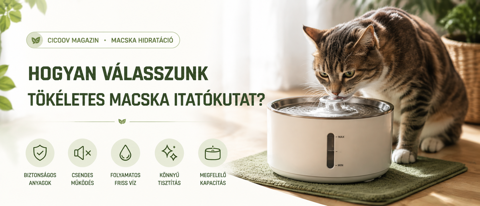 Macska itatókút választási útmutató – cica iszik egy modern rozsdamentes automata vízadagolóból