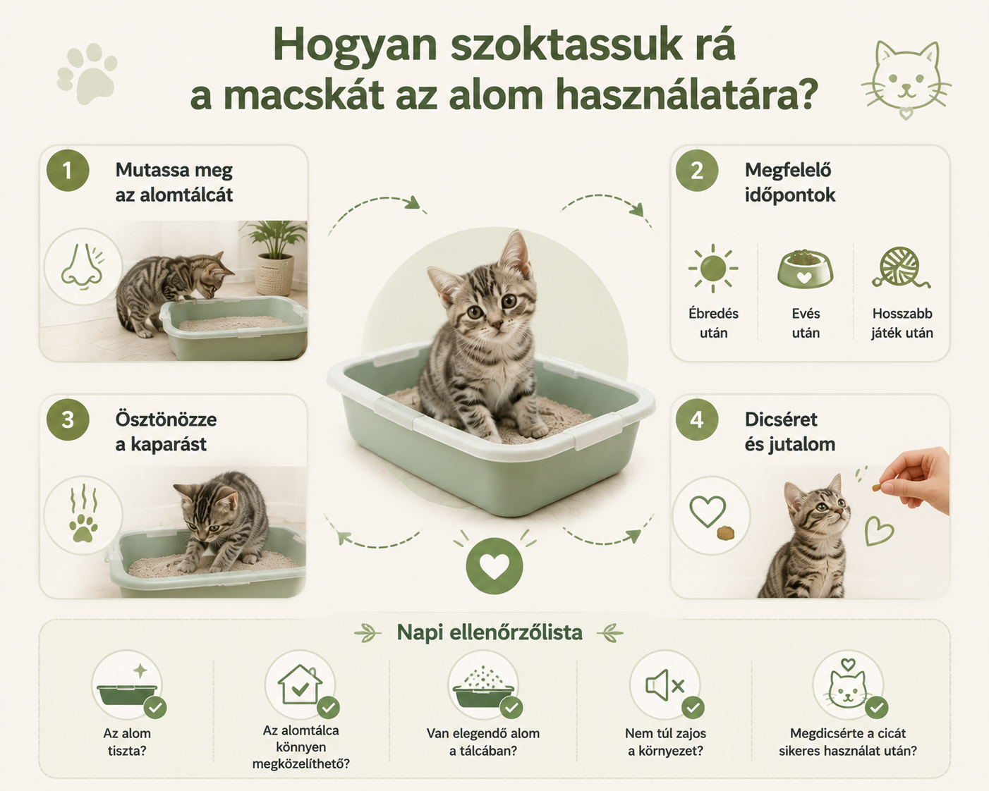 Macska alomra szoktatása lépésről lépésre, útmutató a kiscica alomtálca használatához pozitív megerősítéssel.