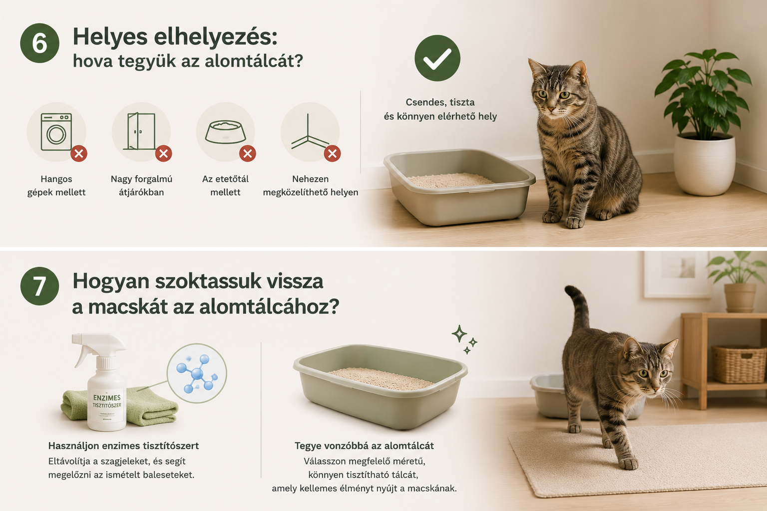 Macska alomtálca helyes elhelyezése és visszaszoktatás – csendes hely, enzimes tisztítás és megfelelő alomtálca
