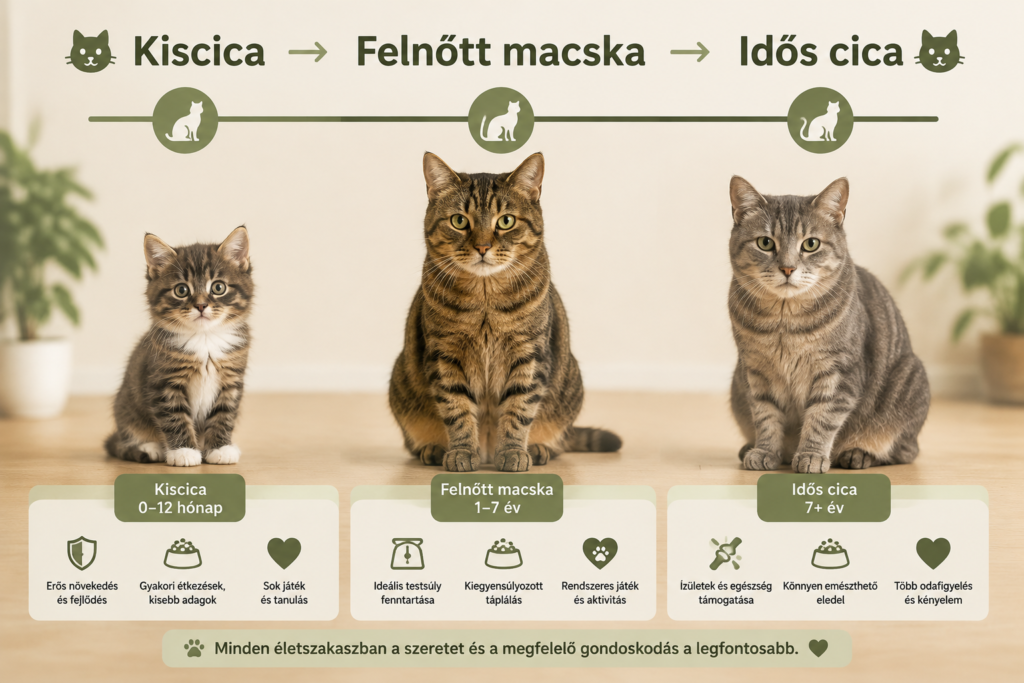 Macska életszakaszok bemutatása kiscicától felnőtt macskán át idős cicáig, útmutató az egyes életkorok megfelelő táplálásához és gondozásához.