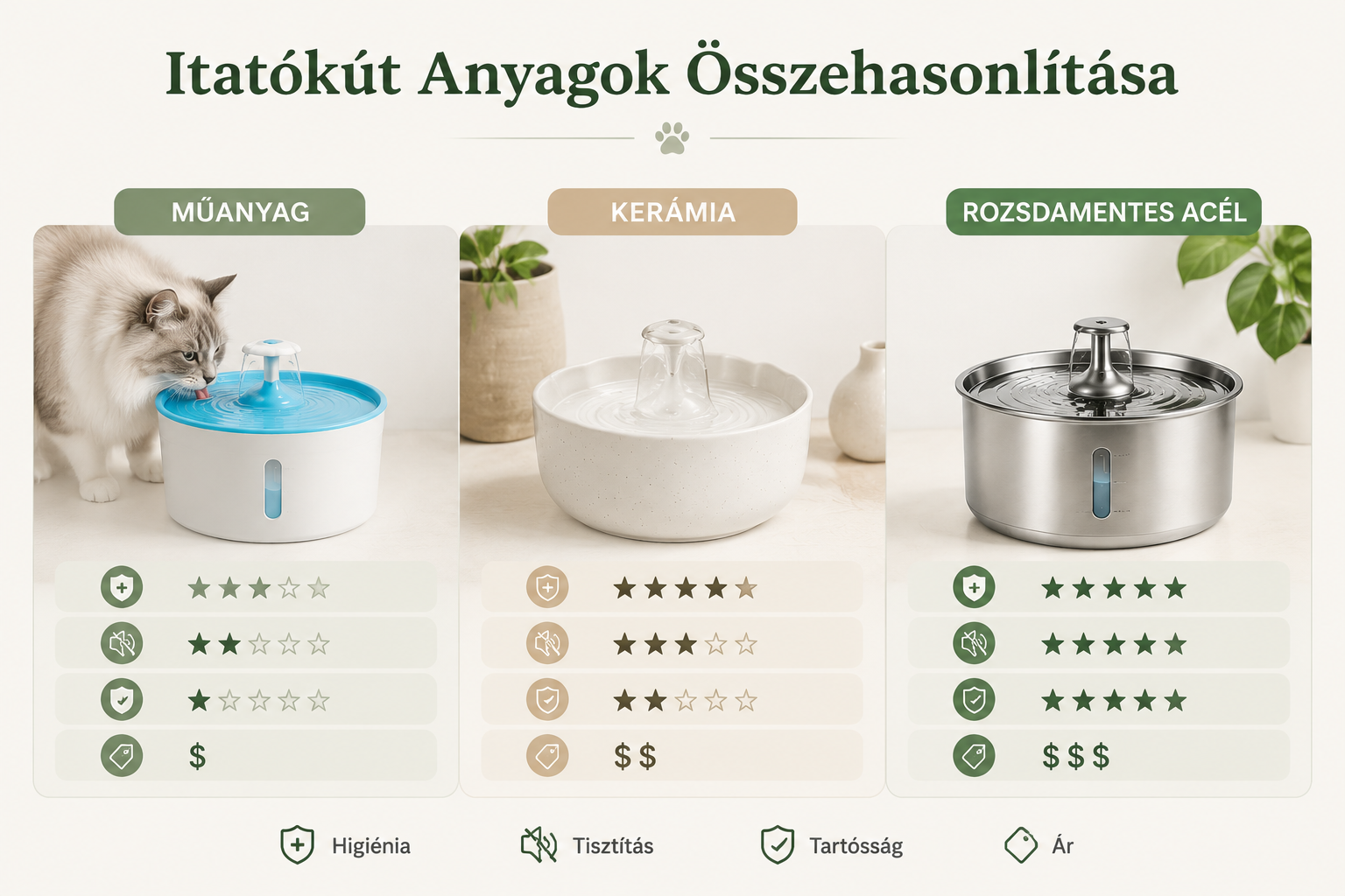 Macska itatókút anyag összehasonlítás: műanyag, kerámia és rozsdamentes acél modellek higiénia, tisztítás, tartósság és ár szerint