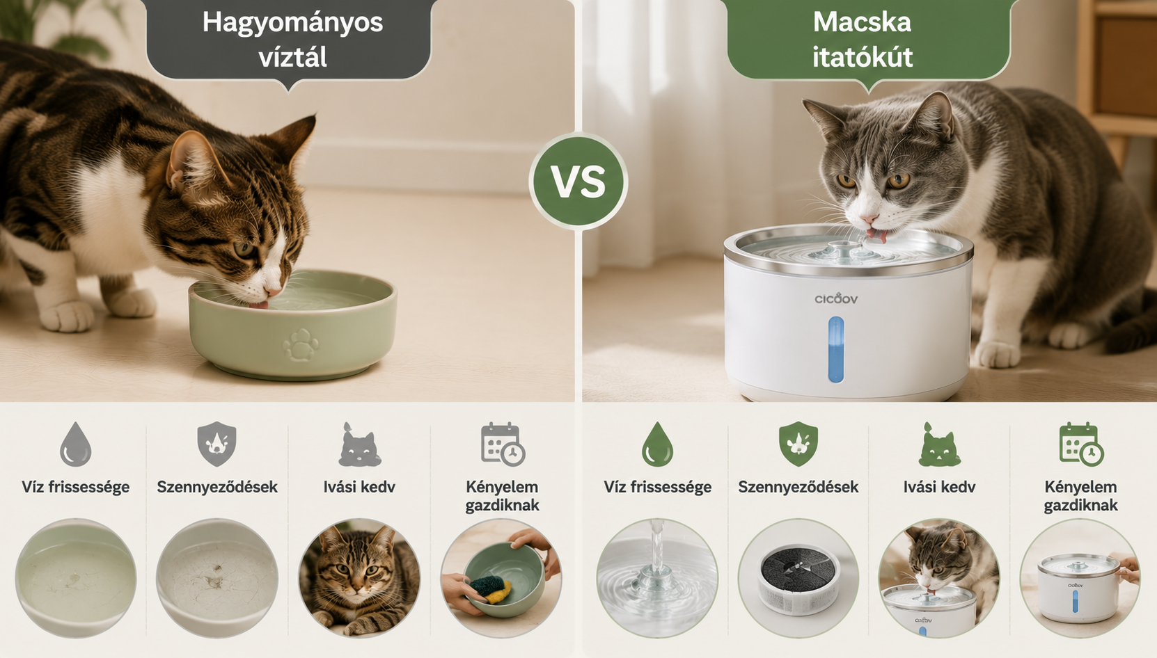 Macska itatókút vagy hagyományos víztál összehasonlítása, bemutatva a friss víz, tisztaság, ivási kedv és kényelem közötti különbségeket.