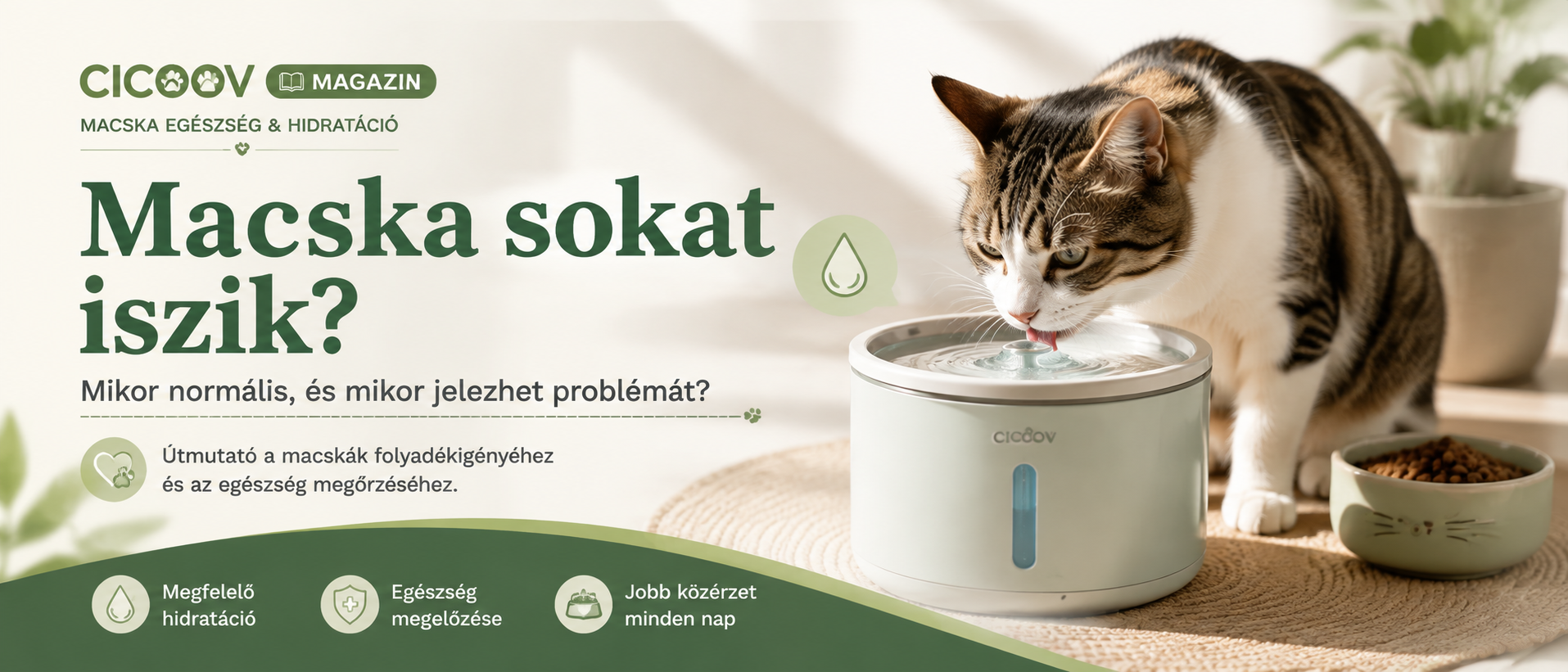 Macska sokat iszik útmutató, amely bemutatja a fokozott vízfogyasztás lehetséges okait, a megfelelő hidratáció fontosságát és a macska itatókút előnyeit.