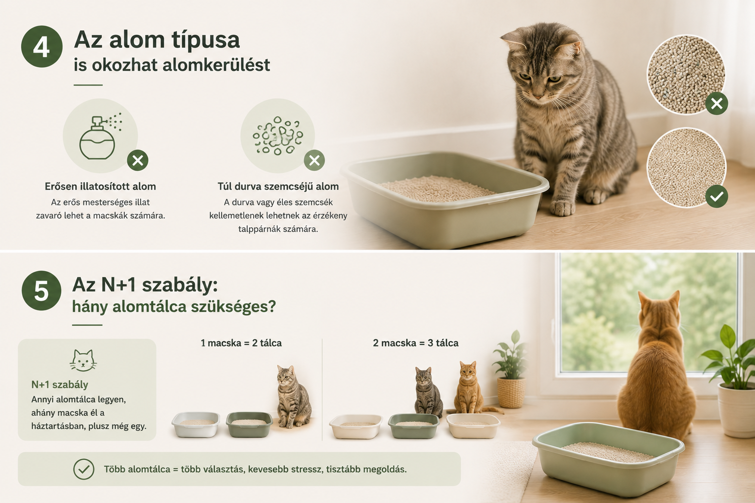Macskaalom típusa és N+1 szabály – megfelelő alom és elegendő alomtálca több macska számára