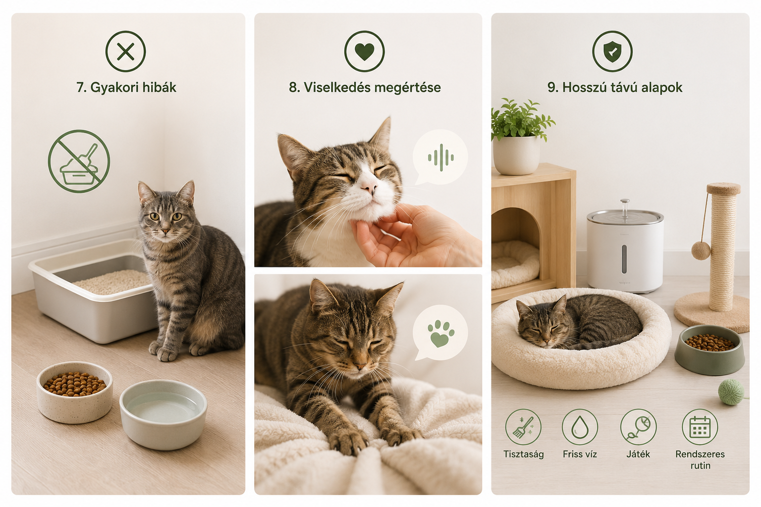 Macskatartás kezdőknek – gyakori hibák, macska viselkedésének megértése és egészséges napi rutin