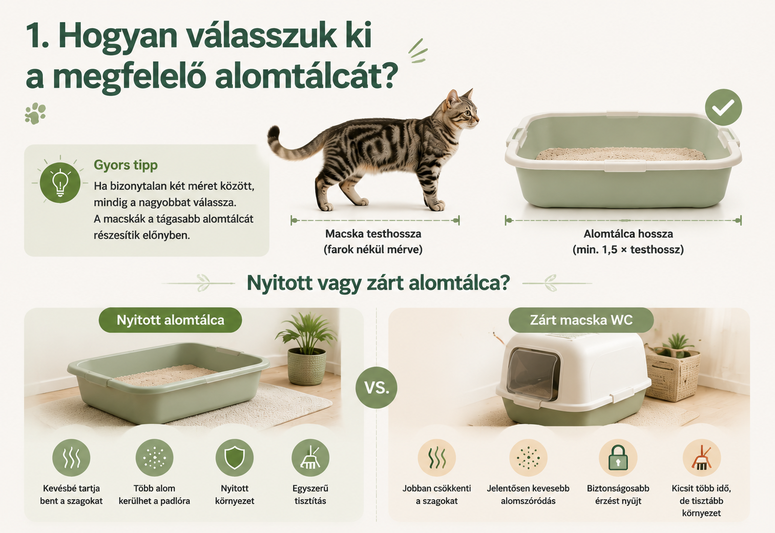 Megfelelő macska alomtálca kiválasztása, nyitott és zárt macska WC összehasonlítása a méret, szagok, tisztítás és kényelem alapján.