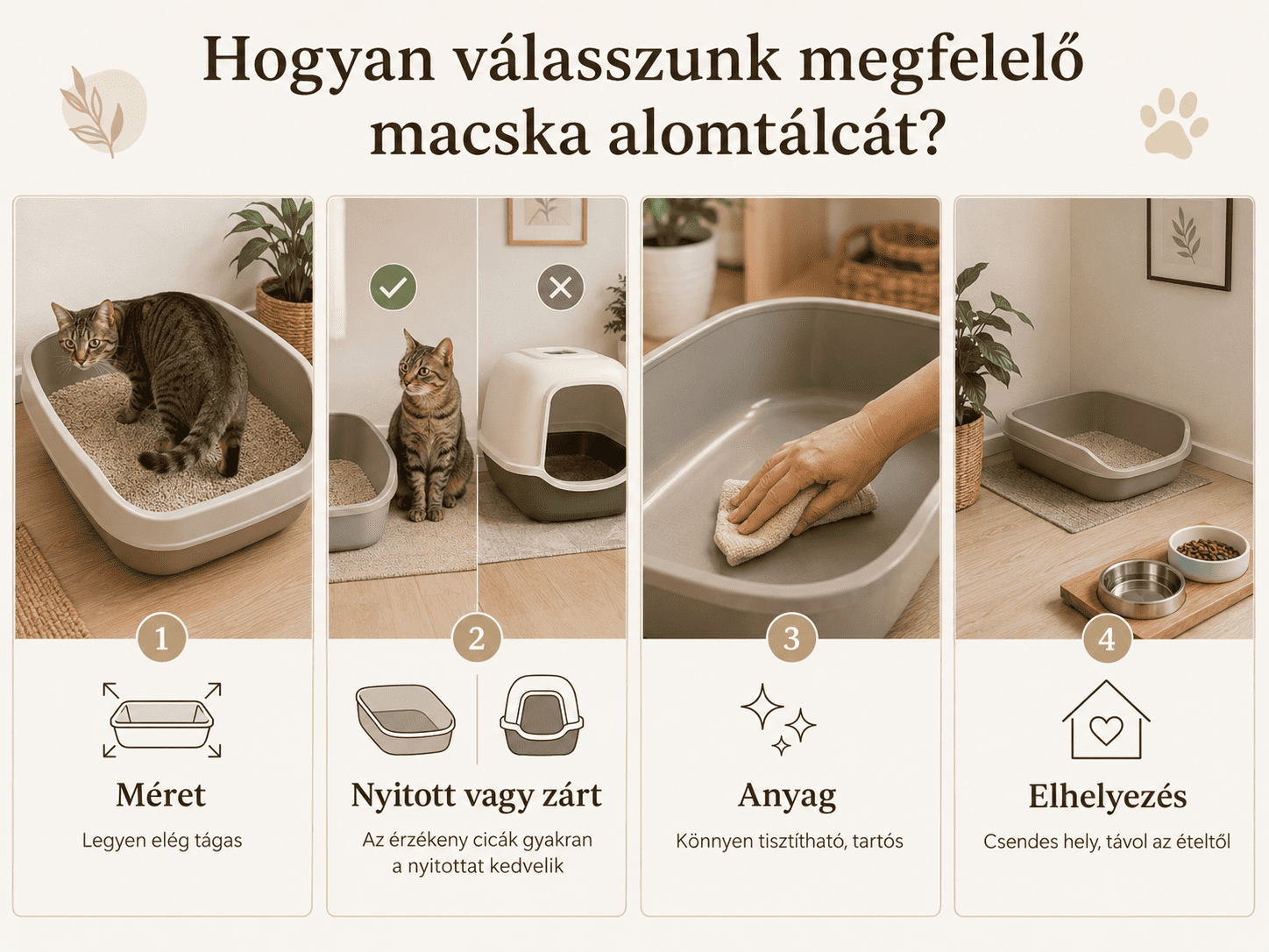 Megfelelő macska alomtálca kiválasztása méret, kialakítás, anyag és elhelyezés alapján